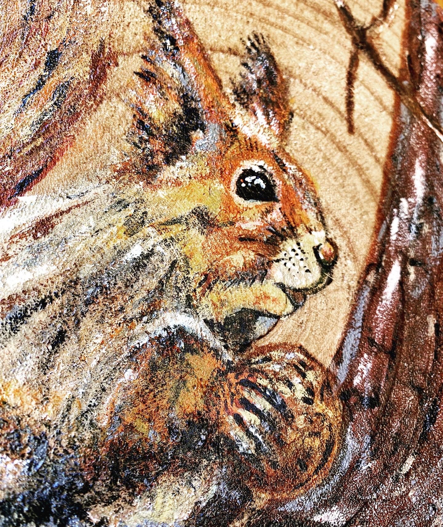 Dipinto Scoiattolo nel bosco su tondo di legno